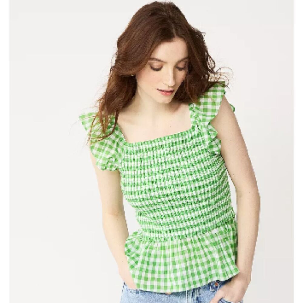Draper James Smocked Peplum Tartan Top Womens Large Green White Flutter Sleeve